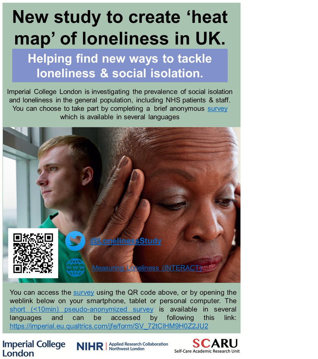 LSCFTResearch's tweet image. ***NEW RESEARCH*** 

Support NEW research and take 2 mins to complete a confidential survey exploring loneliness! 
OPEN TO ALL

imperial.eu.qualtrics.com/jfe/form/SV_72…

Get the Research Bug this June and make a change through research.

#Red4Research 
#NHS75
#GetTheResearchBug