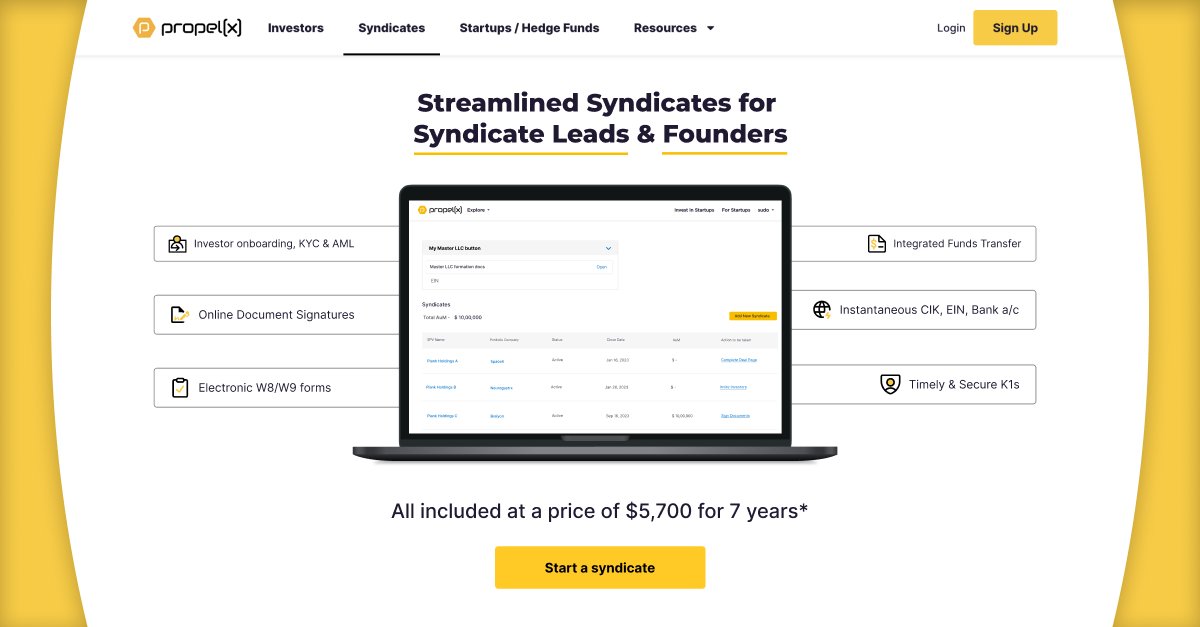 propel_x's tweet photo. Angel Investors, it's time to graduate and become a lead investor with your own syndicate!

With Syndicates by Propel(x):
📝 Onboard investors seamlessly
📑 Digitize forms
💸 Transfer funds securely
⚡️ Instantaneous CIK/EIN
🏦 Dedicated bank a/c

Join now: https://t.co/ARjt1ZT7ov https://t.co/4Yyvmh5CDX