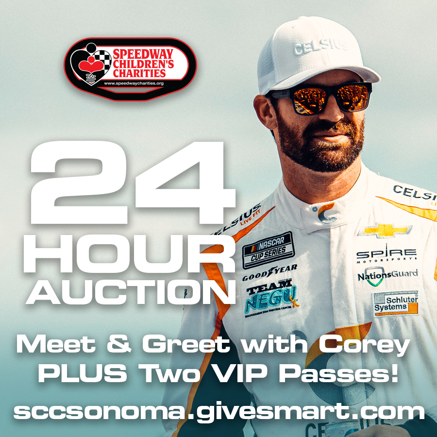 NEW! Check out our SCC 24-Hour Auction for a Meet & Greet with @CoreyLaJoie PLUS VIP Passes! This item closes Friday at Noon so don't wait! Bid Now: e.givesmart.com/events/wX0/i/_… #KidsWin // @RaceSonoma // #ToyotaSaveMart350