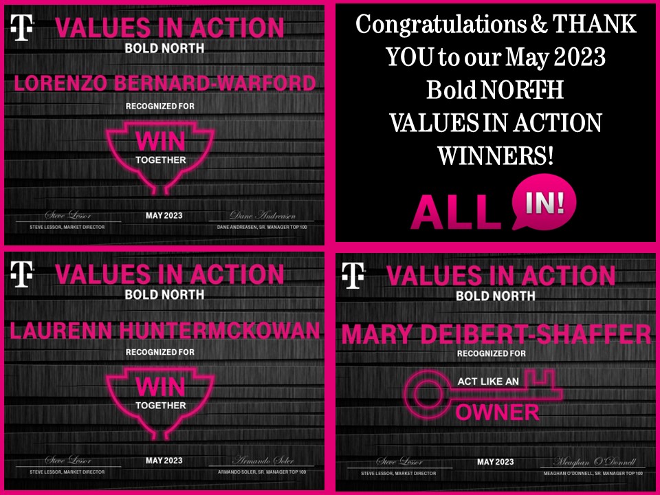 1/3
SO MANY WINNERS IN MAY IT’S GOING TO TAKE 3 TWEETS!!!
Congratulations to our May 2023 Values in Action winners and THANK YOU so much for the impact you make with our customers and our team! #BoldNorth #ValuesinAction #ALLIN #CentralRegion #TMobile