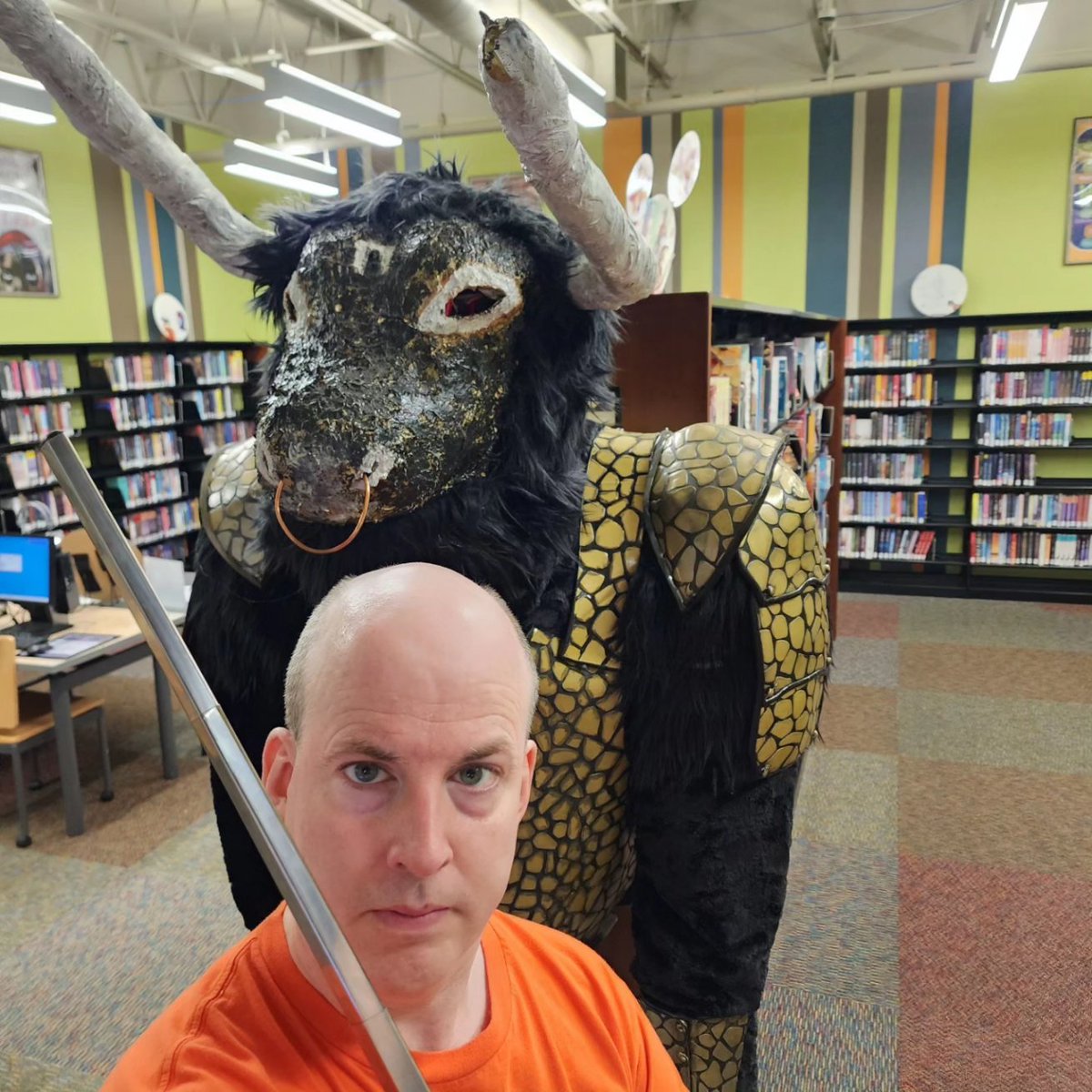 bookshoff's tweet photo. EVERYONE comes to the library during Summer Reading! Thanks to @FrancisHowell Central High School for the loan of their Minotaur and other Percy Jackson props after their spring musical. @camphalfblood https://t.co/qav8d1MuNm