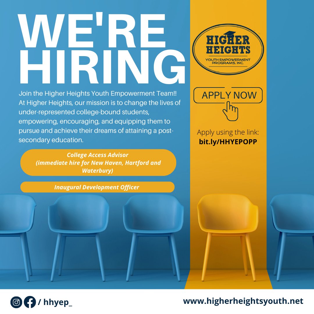 HHYEP_'s tweet photo. Join the #HHYEP team in New Haven, Hartford, or Waterbury! We're hiring for 2 exciting positions:

🎓 College Access Advisor
💼 Development Officer 

Learn more and APPLY today: https://t.co/sEADXvsWst 

#JobOpportunity #YouthEmpowerment #EducationMatters #wearegoingHigher https://t.co/ZwZQ0Gri7v