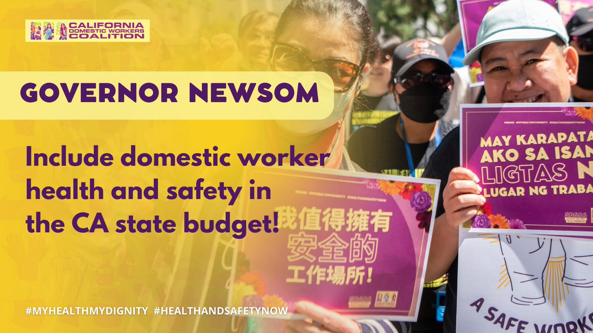 CADomesticWrker's tweet photo. Let's make #CA a champion for worker rights and dignity! Please include the domestic workers' health and safety proposal in the final budget- everyone deserves a safe workplace! 
@CAgovernor @GavinNewsom @SenToniAtkins  @RendonAD62 https://t.co/ccnWSjnDJ4