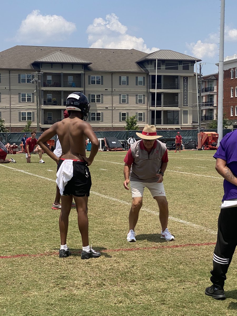 CGauntlett33's tweet photo. at @AlabamaFTBL camp yesterday…. 

@Jakyrian_Turner ran the fastest 40 in camp (again). @BooneMalakhi got a lot of people’s attention with his size &amp; speed, &amp; @Rashad_Johnson4 got the world’s attention!

Not everyday do you get to be coached one on one with Coach Saban! https://t.co/B4RxmePuo9
