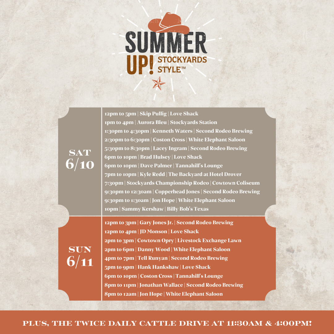 fwsystation's tweet photo. Make it a #StockyardsStyle weekend! Summer Up and join us for fun events and live music! For the full lineup visit https://t.co/eQq214RJrl https://t.co/0iy975VGBi