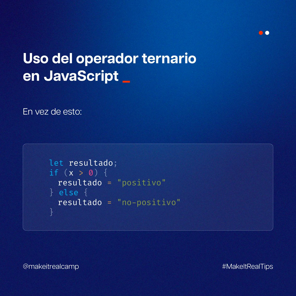 Descubre el poder del operador ternario en JavaScript! 💪✨
Olvídate de largos bloques de código y simplifica tus condiciones

¿Quieres aprender los fundamentos del desarrollo web?
👉🏼 Inicia gratis en aprendedesarrolloweb.com 💥

#tips #makeitreal #makers #javascript #code