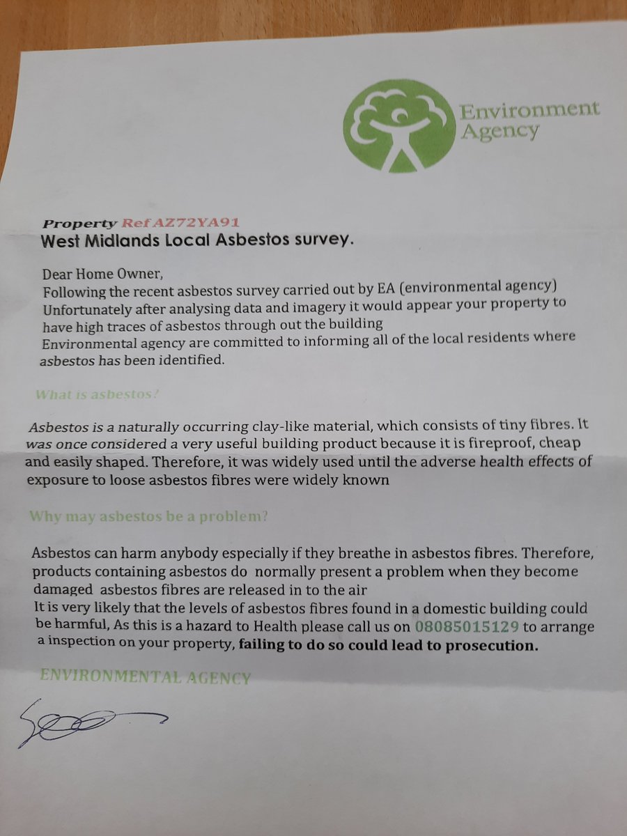 EnvAgencyMids's tweet photo. ⚠️ SCAM ALERT: A fraudulent letter has been sent to properties in #Birmingham claiming to be from the Environment Agency regarding a local #asbestos survey.

 This letter has not been issued by us, so please ignore and do not contact the telephone number provided⚠️ https://t.co/ZApeYajax4