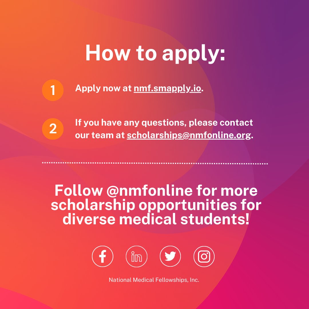 The NBME/NMF Scholarship Fund application is closing soon! ⏰ 

Est. in 2023 by <a href="/NBMEnow/">NBME</a>, this award will provide a $10k #Scholarship to 10 students. 

Learn more and apply here: nmf.smapply.io by Monday, 6/12/2023 at 11:59 p.m. ET! #MedTwitter #SNMA