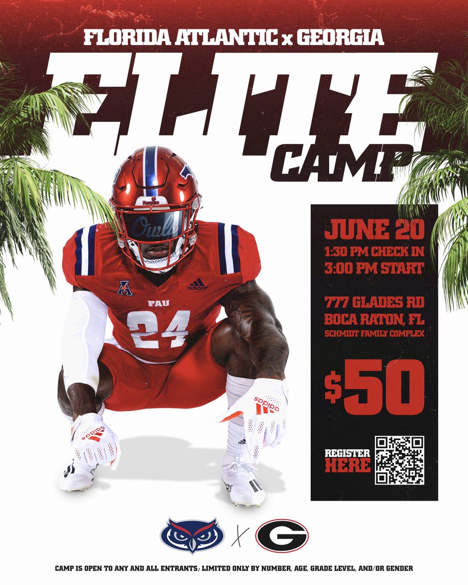The Dawgs are coming to Paradise!🌴 
<a href="/FAUFootball/">Florida Atlantic Football</a> x <a href="/GeorgiaFootball/">Georgia Football</a> 

Spots are filling up, sign up for your chance to compete!⬇️

tomhermanfootballcamps.com

#TriCountyTakeover
#WinningInParadise