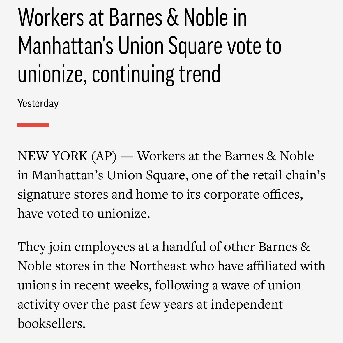 ICYMI Read Chapter 3 of the @barnesandnobleunion story! @bnusqunion bringing home win #3! Onward to store #4 in Park Slope, currently awaiting their election date. Read the whole @AP story here: bit.ly/BNUSQAP