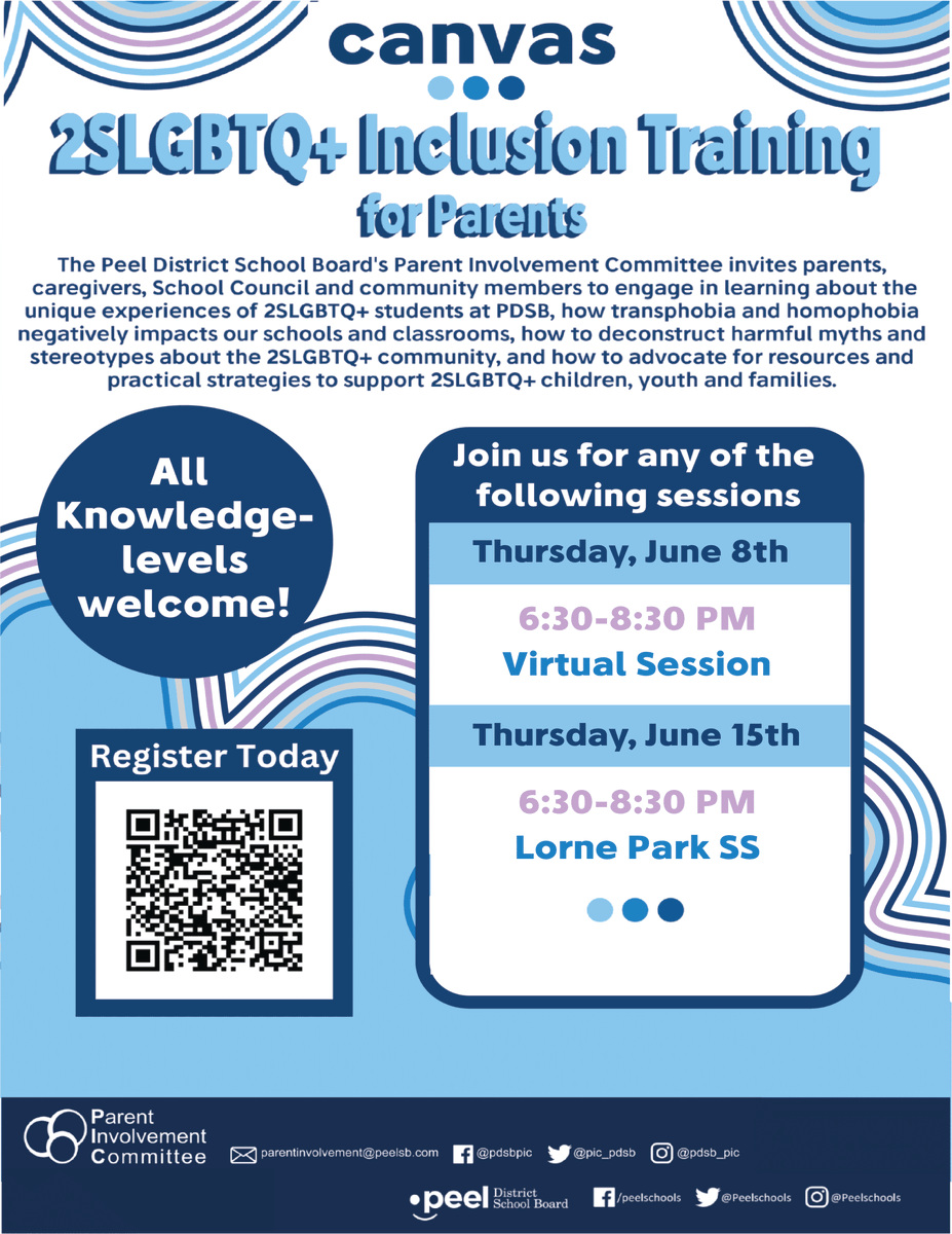 PeelSchools's tweet photo. Tonight at 6:30 p.m., join @pic_pdsb and CANVAS virtually for 2SLGBTQIA+ inclusion training for parents/caregivers. 

To receive the event link, register today: https://t.co/ddnYXB0TzM https://t.co/8hkl95v61d