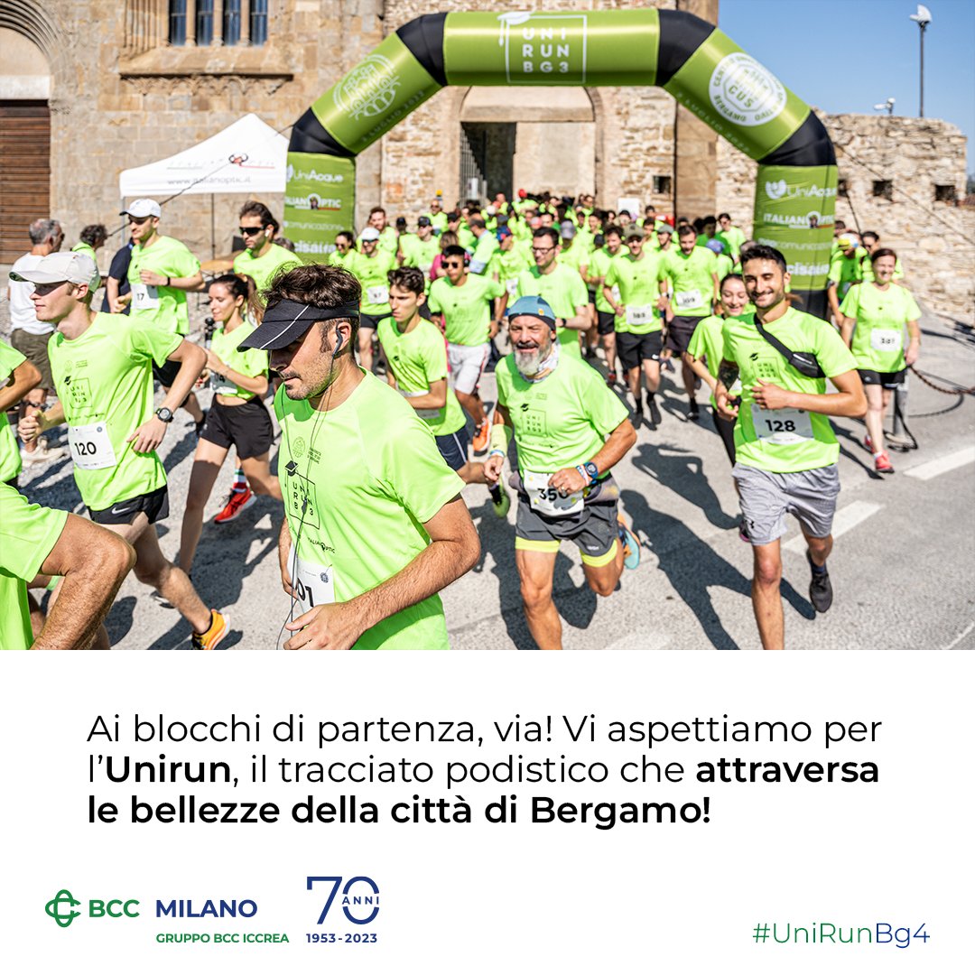 BCC_Milano's tweet image. Il grande momento è arrivato! Sabato alle ore 15.00 parte #Unirun, organizzata da #UniBergamo con il contributo della Banca!

Potete iscrivervi a questo link: bit.ly/UniRunIscriviti

#BCCMilano #Bergamo #BergamoCapitaledellaCultura