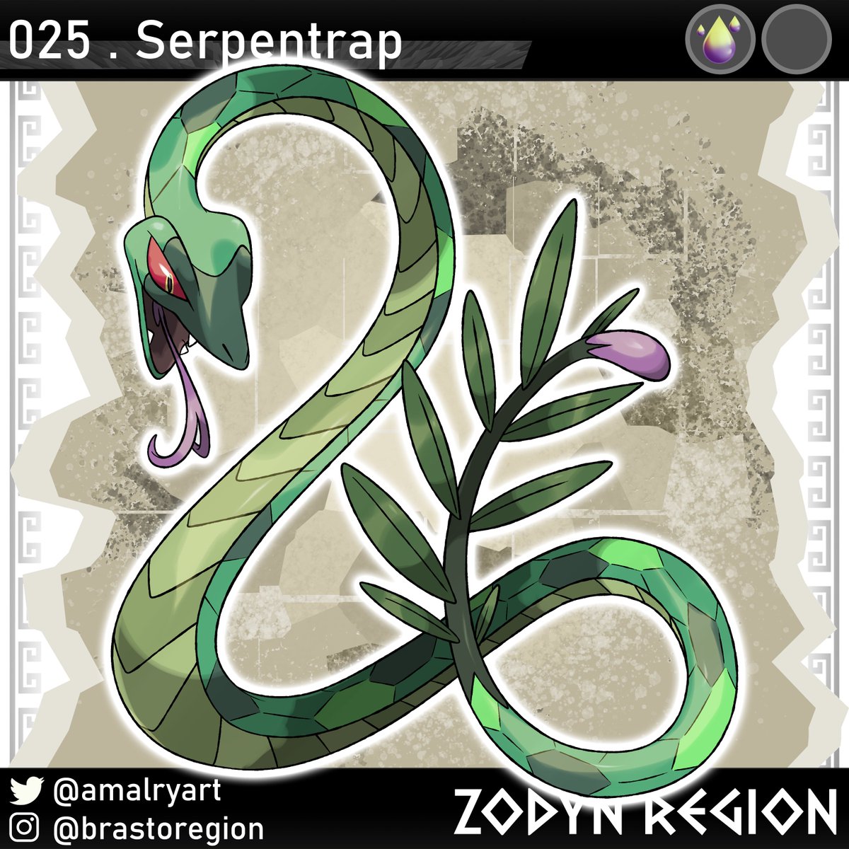 Toxibora evolves into Serpentrap! 

The tip of Serpentrap's tail is used to lure Rabunny and Gluttunny to attack them from behind. Serpentrap has a great ability to camouflage itself in the midst of crops, which facilitates its predatory instinct.

#Pokemon #fakemon