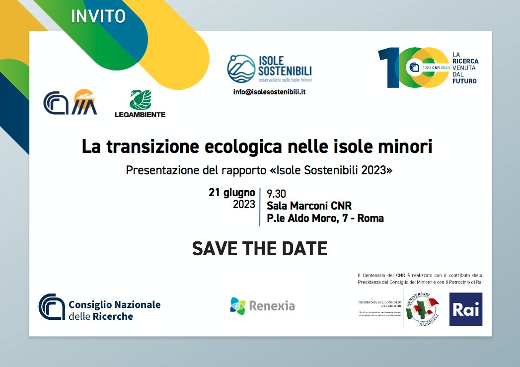 💯 #CNR100 1923-2023 #centenarioCNR
📌 21 Giugno 09:30 | Sala Marconi | CNR Roma
🏝️ 'La #TransizioneEcologica nelle #IsoleMinori' 
📝Presentazione report #IsoleSostenibili2023
🤝CNR-IIA e @Legambiente

🖊️ Per registrarsi  👇
rb.gy/wik24