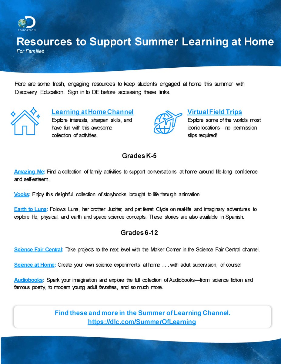 NVSupt's tweet image. Discovery Education has engaging resources to keep students learning all summer long. Whether you are a family at home with children or an educator teaching summer school, they have something for you. This family-facing flyer has excellent ideas. Visit: ow.ly/zeTt50OAfAF