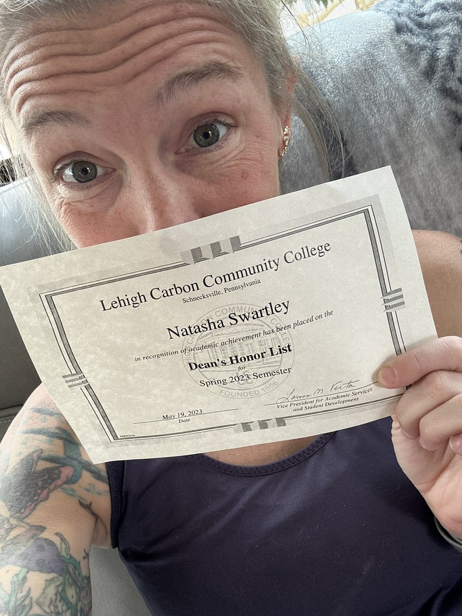 I made the DEANS list at @LehighCarbonCC !!! For an old lady, going to college for “practically” the first time- taking HARD courses- Anatomy & Chemistry- and ACED them… I’m pretty damn proud of me! 
Aka-
HARD WORK PAYS OFF! 
Keep at it!
 #smartmoves #secretnerd #genius