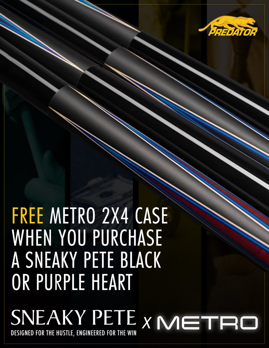 PredatorCues's tweet image. Your ticket to victory is here 🎟
For a limited time, you can get a free select Metro Cue Case with any purchase of any Sneaky Pete Purple Heart or Sneaky Pete Black Cues.
Bundle and Save: predatorcues.me/3WHW7l6
#Billiards #PlayingCue #LowDeflection #WoodenCues #PredatorCues