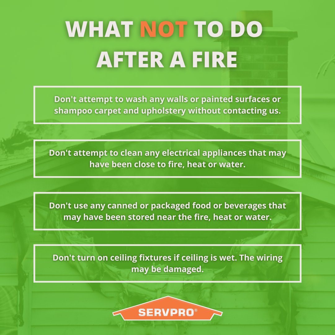 SERVPROnorthFL's tweet photo. After any #firedamage situation, your primary focus should be #safety first! Here are a few things NOT to do following a #fire. 

If your home has suffered smoke or fire damage, give us a call at 904-636-0044 first before trying to clean or repair anything yourself. #SERVPRO https://t.co/kILSUibEaa
