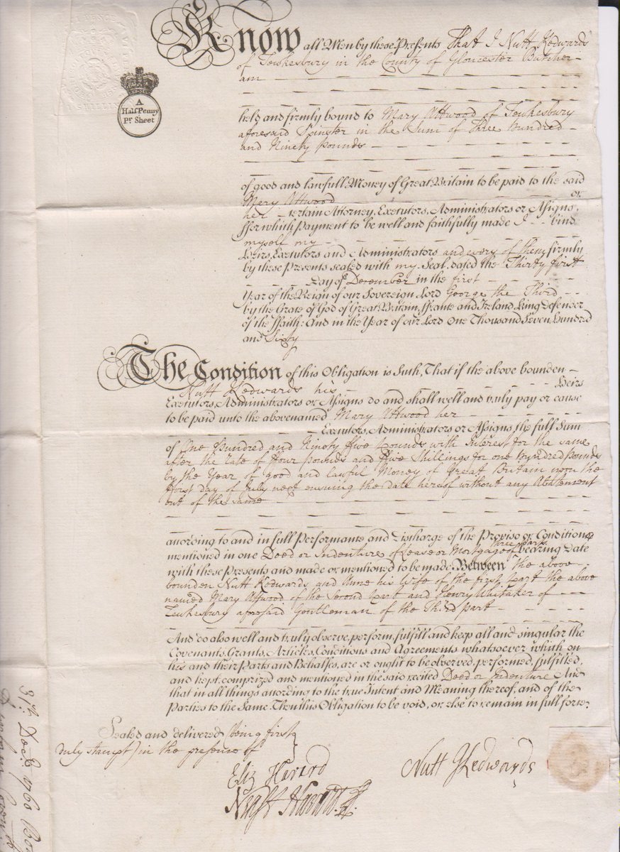 @iwsfutcmd Mortgage bond, Nutt Kedwards to Mary Attwood, 114 High Street, #Tewkesbury, 1760. Picked almost at random, very common to have this high standard. tewkesburyhistory.org/114-High-Street