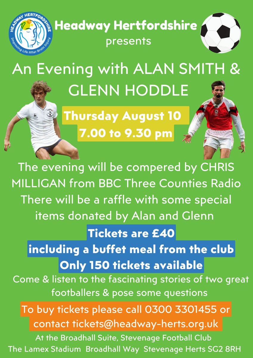 HeadwayHertfordshire (@headwayherts) on Twitter photo Join us for our Fabulous Football Fundraiser. It is sure to be a fantastic evening; tickets are limited and selling fast. Over 18s only please. <a href="/9smudge/">Alan Smith</a> <a href="/GlennHoddle/">Glenn Hoddle</a> <a href="/HertfordshireFA/">Hertfordshire FA</a> <a href="/ChrisMilliganUK/">Chris Milligan</a> <a href="/StevenageFC/">Stevenage FC 🔴⚪</a> Join us for our Fabulous Football Fundraiser. It is sure to be a fantastic evening; tickets are limited and selling fast. Over 18s only please. <a href="/9smudge/">Alan Smith</a> <a href="/GlennHoddle/">Glenn Hoddle</a> <a href="/HertfordshireFA/">Hertfordshire FA</a> <a href="/ChrisMilliganUK/">Chris Milligan</a> <a href="/StevenageFC/">Stevenage FC 🔴⚪</a>
