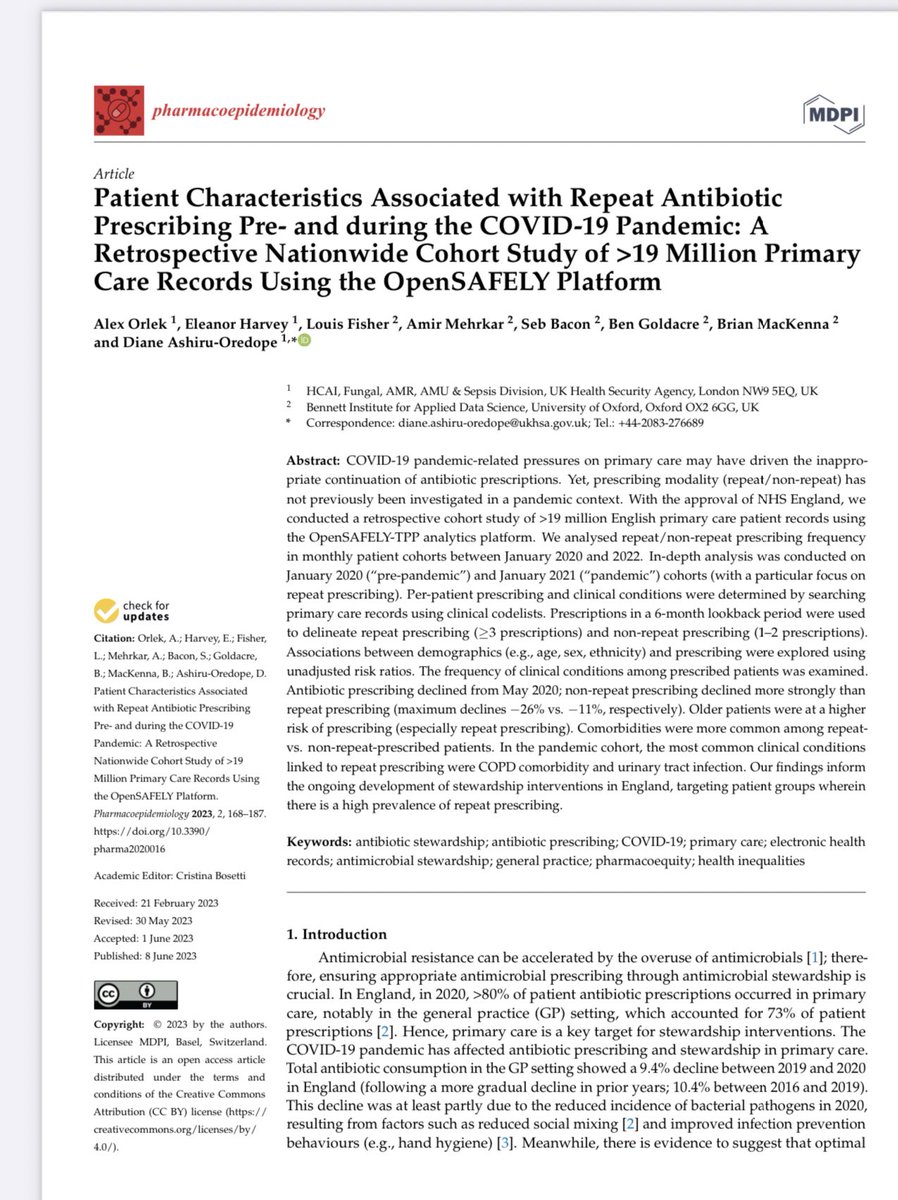Patient characteristics associated with repeat antibiotic prescribing pre- and during the COVID-19 pandemic: A retrospective nationwide cohort study of >19 Million primary care records using the <a href="/OpenSAFELY/">OpenSAFELY</a> Platform. mdpi.com/2813-0618/2/2/… #Pharmacoequity #Pharmacoepidemiology