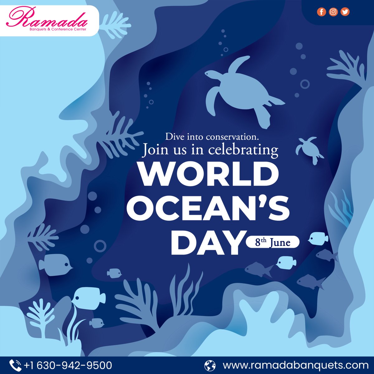 Dive into conservation. Join us in celebrating World Oceans Day.
Let's make waves for a healthier planet! Celebrate World Oceans Day with us at Ramada Banquets. 🌊
#WorldOceansDay #RamadaBanquets #SaveOurSeas #RamadaBanquetHall #BirthdayCelebration #SocialEvents #ConferenceRoom