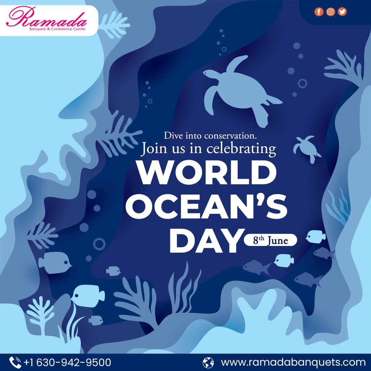 RamadaBanquets's tweet photo. Dive into conservation. Join us in celebrating World Oceans Day.
Let's make waves for a healthier planet! Celebrate World Oceans Day with us at Ramada Banquets. 🌊
#WorldOceansDay #RamadaBanquets #SaveOurSeas #RamadaBanquetHall #BirthdayCelebration #SocialEvents #ConferenceRoom https://t.co/Fgjjs61HrM