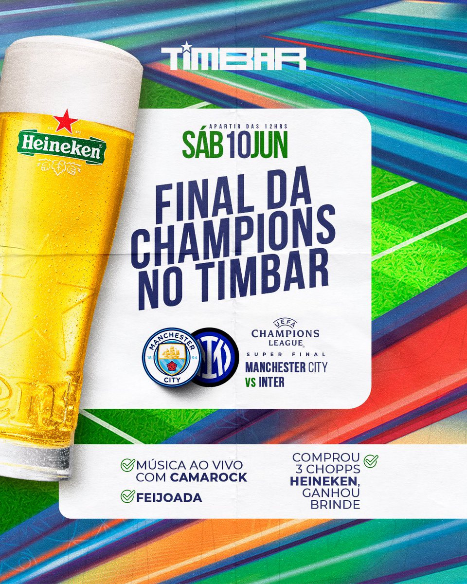 timbaroficial's tweet photo. Sábado tem final da Champions no Timbar! 🏆

Chega cedo que a festa vai ser massa. E se liga na melhor parte 👇🏼

✅ Música ao vivo no pré-jogo com Camarock
✅ Aberto ao público, entrada gratuita 
✅ Não cobraremos couvert artístico 
✅ Comprou 3 chopps Heineken, ganhou brindes https://t.co/8UjoO6BYfX