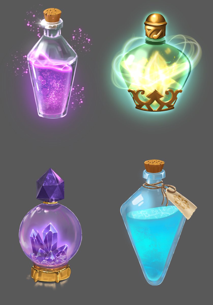 Like i said, i love to create shiny things, so i made these beauties for my portfolio. I love potions, haha ✨
For the bottom left one, i used one of my Perfume bottles for reference. It also smells very nice. 

Which one would you drink?