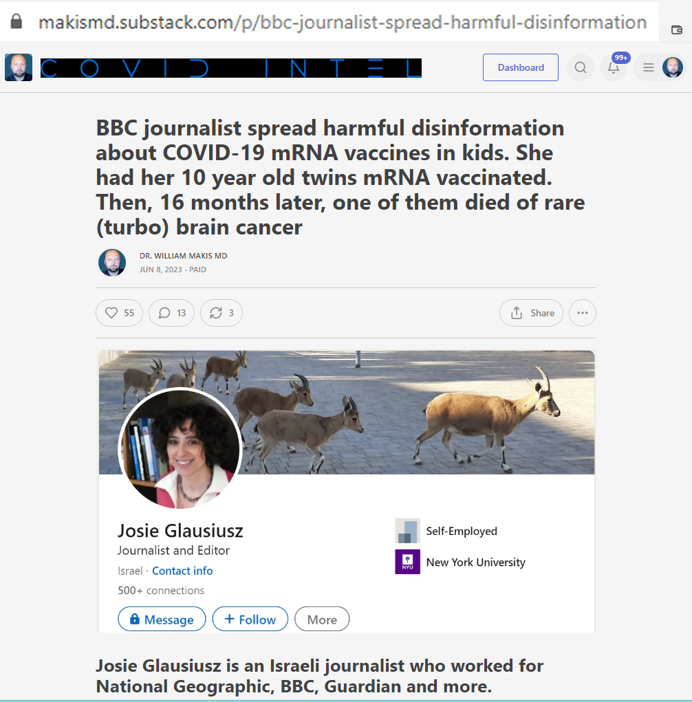 NEW ARTICLE: BBC journalist Josie Glausiusz spread harmful disinformation about COVID-19 mRNA vaccines in kids

She had her 10 yo twins mRNA vaccinated!

Then, 16 months later, one of them died of a rare (turbo) brain cancer (article link in photo)

#DiedSuddenly #cdnpoli #ableg