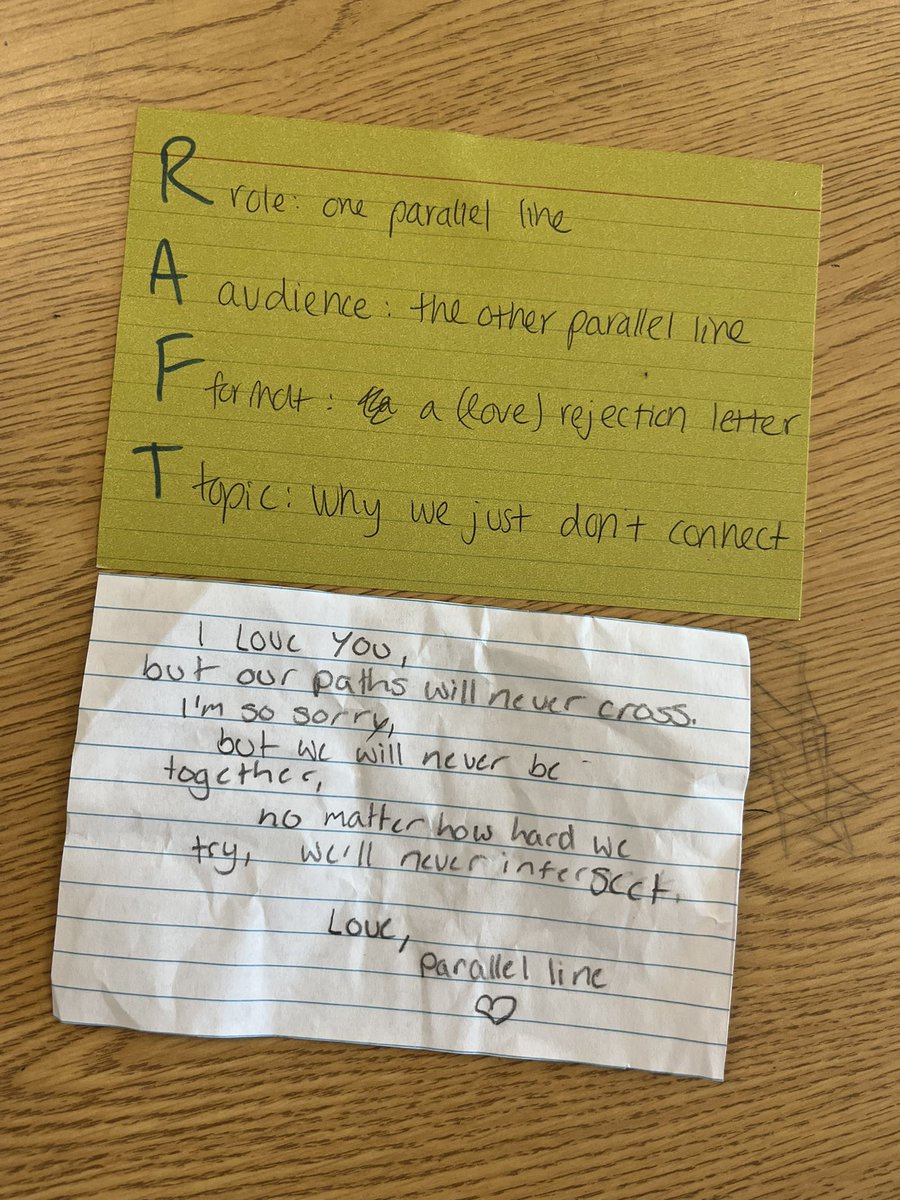 RAFT problems are always a great end of the year task! Some students even acted out their pieces. Spoiler alert: the positive number rejects the negative number’s marriage proposal since he “has negative dollars and can’t afford a ring.” #mtbos #iteachmath