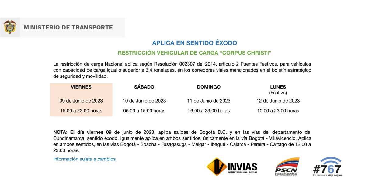 numeral767's tweet image. ¡Buenos días!

A continuación, la #RestricciónDeCarga para el puente festivo. Consulta el boletín estratégico de seguridad y movilidad completo en el siguiente enlace: bit.ly/3Mjf9cQ.

*Recuerda que la información se encuentra sujeta a cambios.