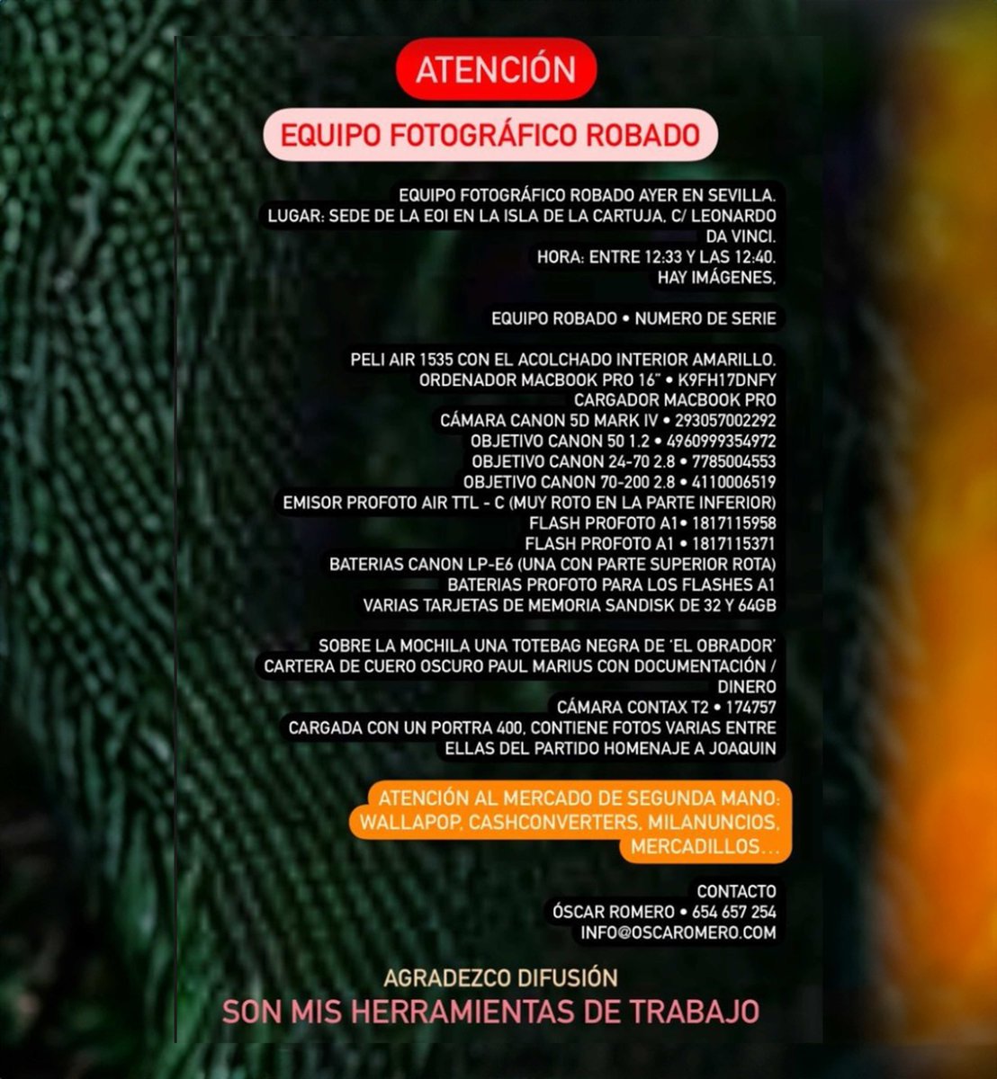🚨 ¡URGENTE! 🔍 Robo del equipo fotográfico de Óscar Romero en #Sevilla, en la sede de la EOI en la Isla de la Cartuja. 🔒 Se le sustrajo una Canon 5D Mark IV y otra cámara, objetivos, flashes y tarjetas de memoria, además del Ordenador. ¡Ayúdanos a difundir! 🔄