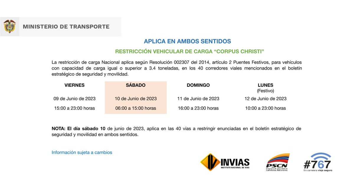 numeral767's tweet image. ¡Buenos días!

A continuación, la #RestricciónDeCarga para el puente festivo. Consulta el boletín estratégico de seguridad y movilidad completo en el siguiente enlace: bit.ly/3Mjf9cQ.

*Recuerda que la información se encuentra sujeta a cambios.