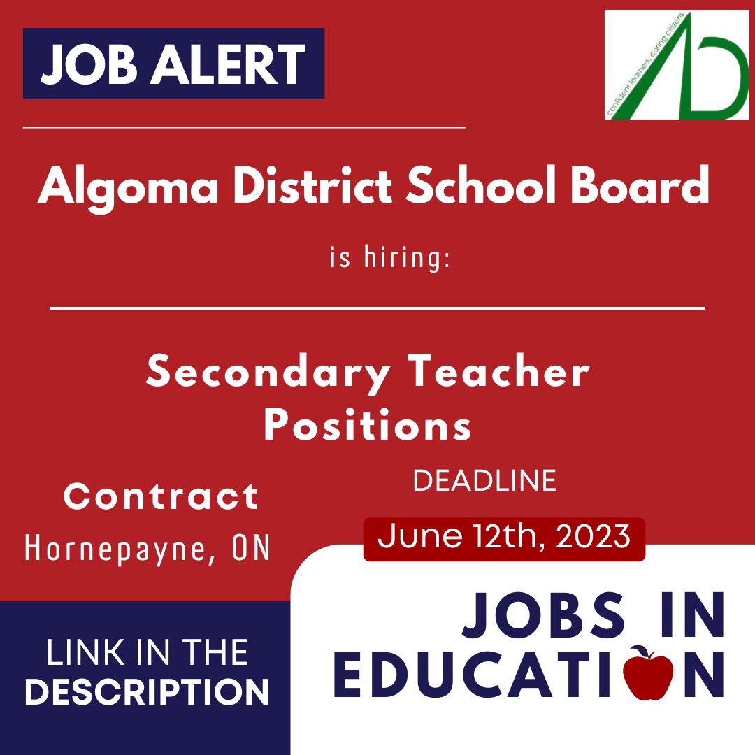 📢 Job Alert: Secondary Teachers 🎓📚
🌟 Algoma District School Board is hiringSecondary Teachers in Hornepayne, ON! 🏫✨
jobsineducation.com/job/1606/secon…
#TeachingOpportunity #TeachingJobs #SecondaryTeachers  #OntarioJobs #TeacherRecruitment #TeachOntario #CareerOpportunity #JoinOurTeam