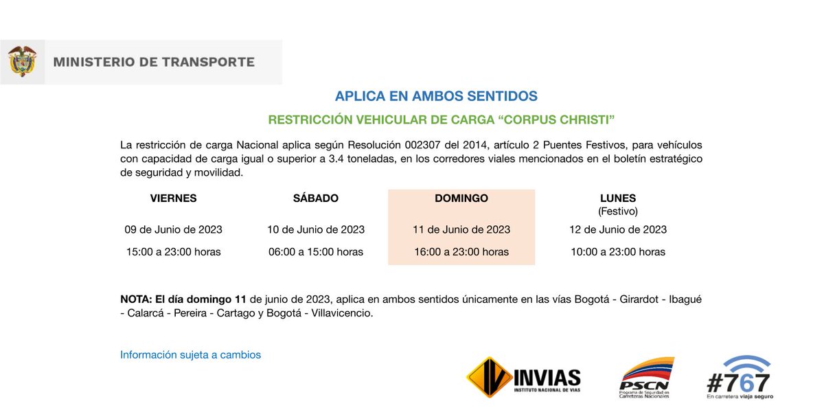 numeral767's tweet image. ¡Buenos días!

A continuación, la #RestricciónDeCarga para el puente festivo. Consulta el boletín estratégico de seguridad y movilidad completo en el siguiente enlace: bit.ly/3Mjf9cQ.

*Recuerda que la información se encuentra sujeta a cambios.