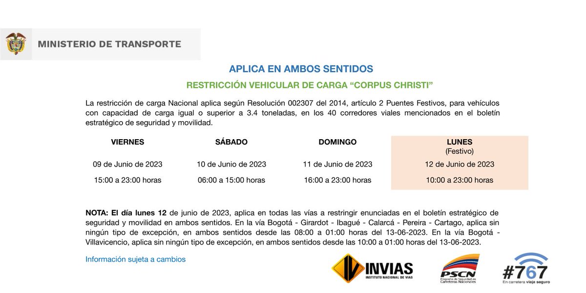 numeral767's tweet image. ¡Buenos días!

A continuación, la #RestricciónDeCarga para el puente festivo. Consulta el boletín estratégico de seguridad y movilidad completo en el siguiente enlace: bit.ly/3Mjf9cQ.

*Recuerda que la información se encuentra sujeta a cambios.
