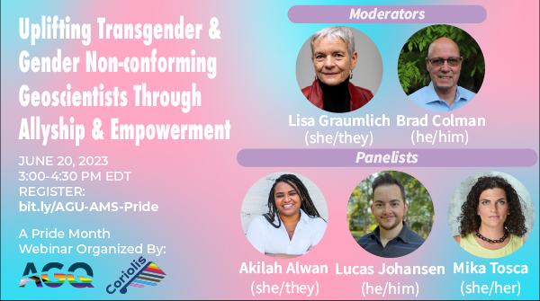 queeragu's tweet image. We are proud to partner with @theAGU, @amsbraid, and their group, Coriolis, to bring a pride month webinar! Register now at bit.ly/AGU-AMS-Pride and we look forward to seeing you on June 20th at 3pm ET/ 12pm PT!