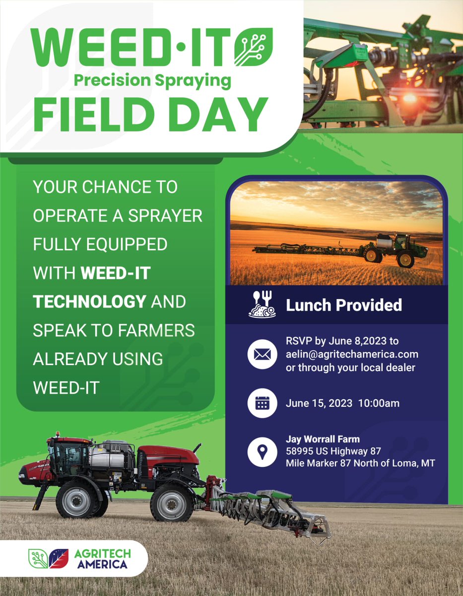 Today is your final day to RSVP for our Field Day on June 15th North of Loma, MT! This is your chance to operate a sprayer fully equipped with the @WEEDit_ and speak with farmers who use this technology every year! RSVP by the end of the day today to aelin@agritechamerica.com