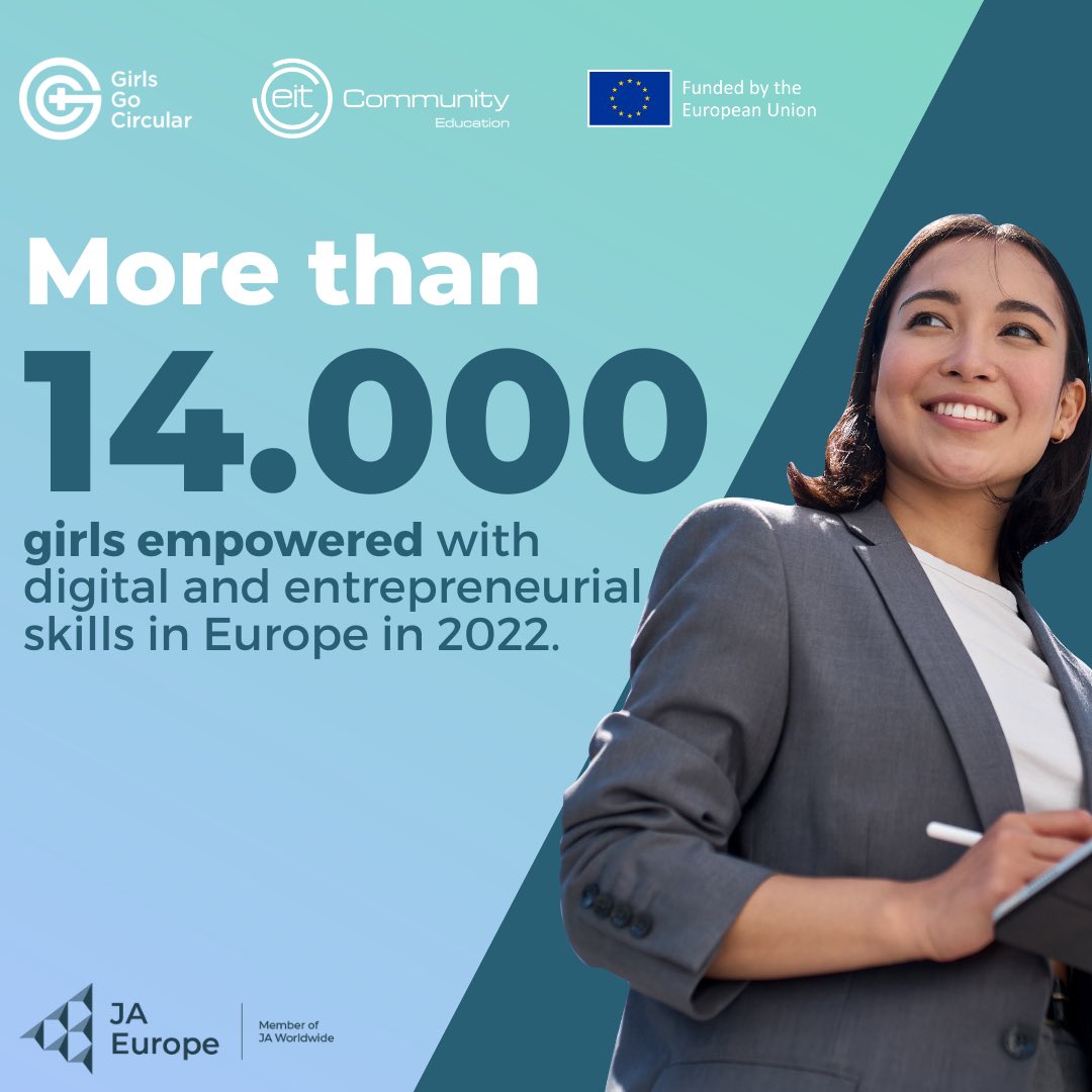 Together with @GirlsGoCircular & the #EITCommunity we equip young European girls with digital & entrepreneurial skills through online learning about #CircularEconomy. Since 2020, we have empowered more than 14K girls around Europe.Together we are closing the digital gender gap.