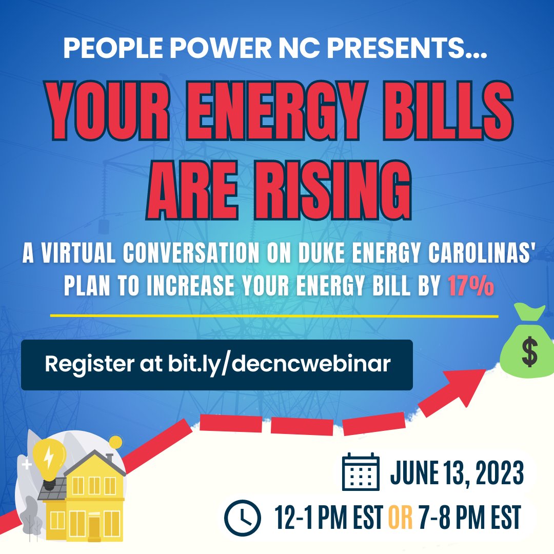 🗣 Duke Energy Carolinas wants to increase your energy bill by nearly 17%! 

Join People Power NC for a virtual conversation about Duke Energy Carolinas' plan, upcoming public hearings, and how you can most effectively raise your concerns.

Register here: mobilize.us/lcvnc/event/56…