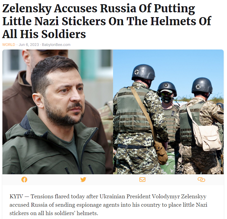 Ο Ζελένσκι κατηγορεί τη Ρωσία ότι έβαλε μικρά αυτοκόλλητα ναζί στα κράνη όλων των στρατιωτών του!🤣

Πηγη: buff.ly/43ozeWD
#ουκρανια