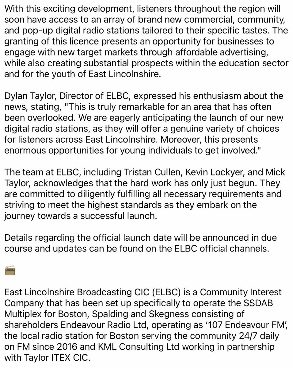 ELBCIC's tweet image. 🚨 East Lincolnshire Broadcasting CIC secures SSDAB Multiplex Licence for Boston, Spalding, and Skegness 🚨

ELBC is thrilled to announce that Ofcom has awarded the SSDAB Multiplex licence for Boston, Spalding, and Skegness to East Lincolnshire Broadcasting CIC (ELBC).