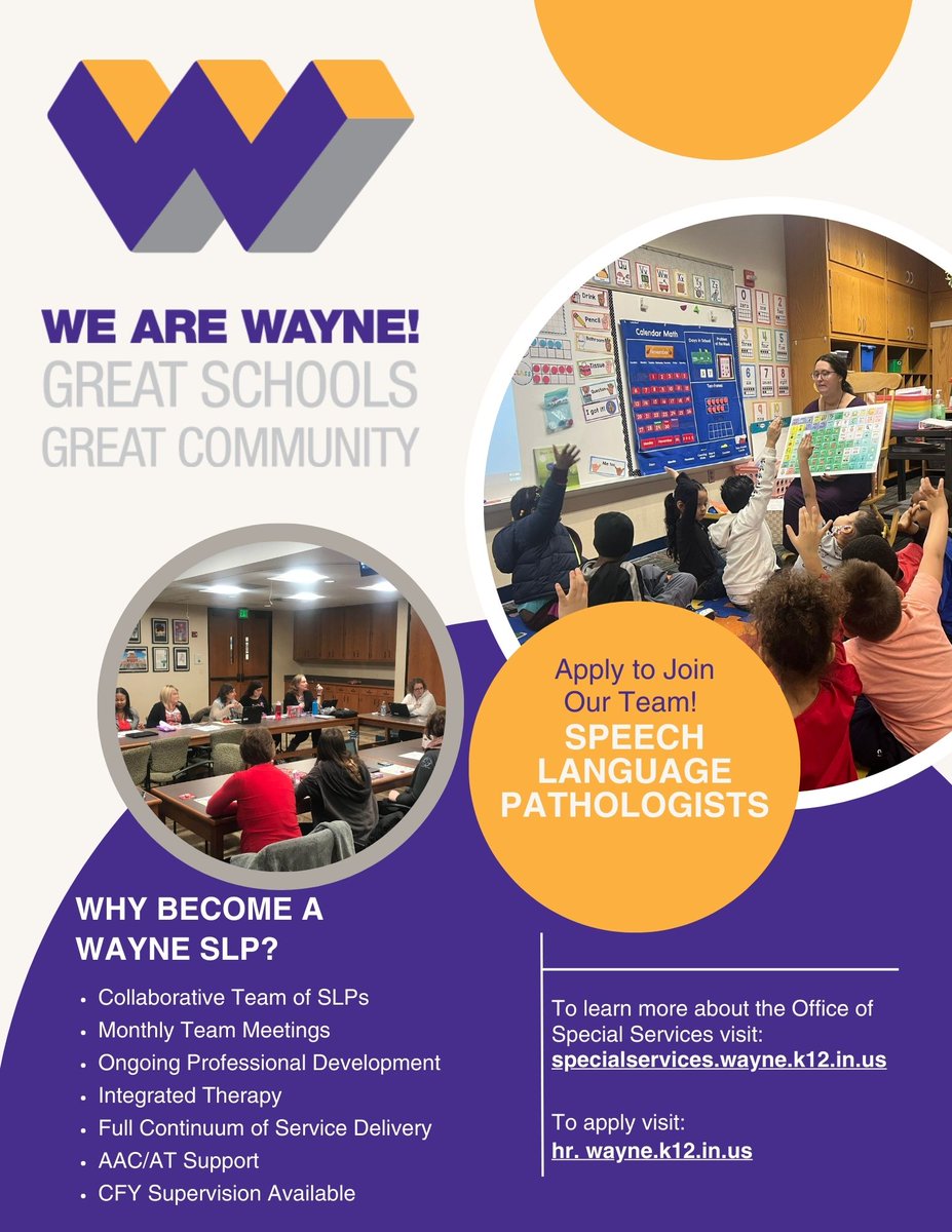 Come join our amazing team of Speech Language Pathologists! Apply today at hr.wayne.k12.in.us. @DrLindaWatkins <a href="/MeghanHighfield/">Meghan Highfield</a> <a href="/BethEmmoss/">Beth Moss</a> <a href="/WayneTwpSchools/">We Are Wayne</a>