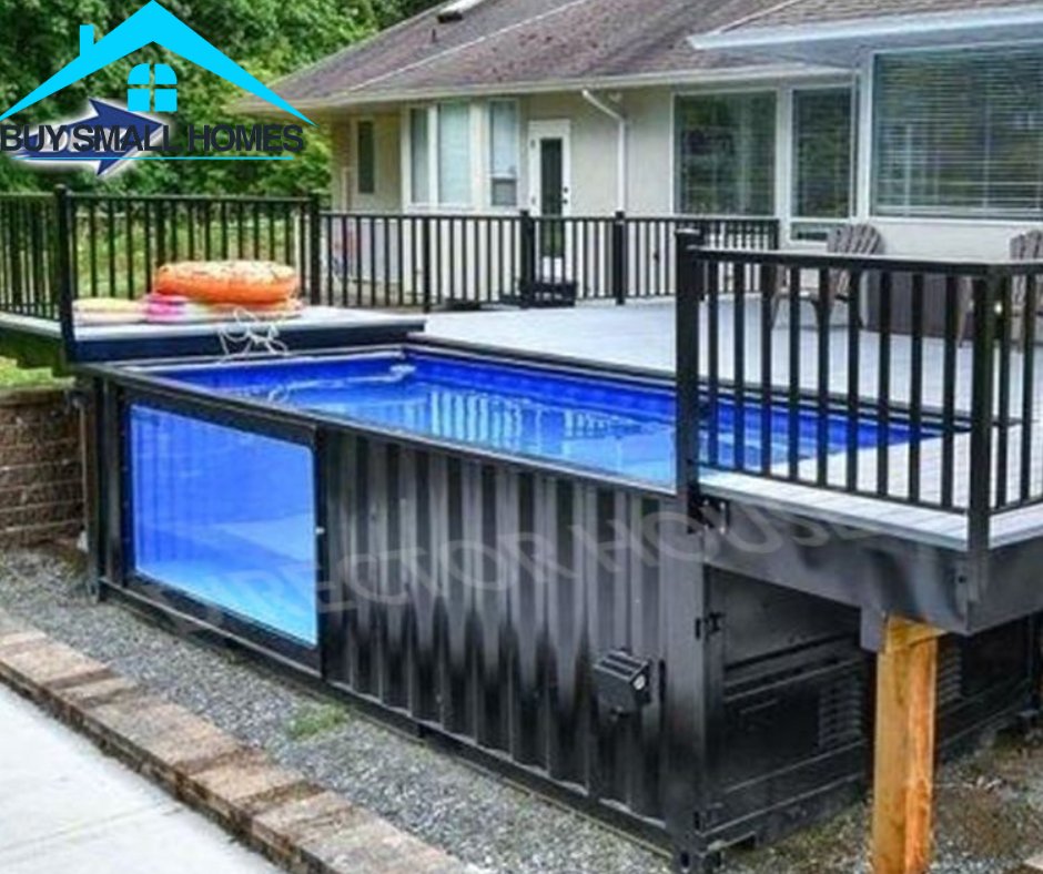 looking for a unique living experience, consider a tiny container home with a pool. These  homes offer both a stylish and sustainable option providing a refreshing swimming pool for your relaxation. #realestate #containerhome #tinyhomeonwheels #property
 #tinyliving