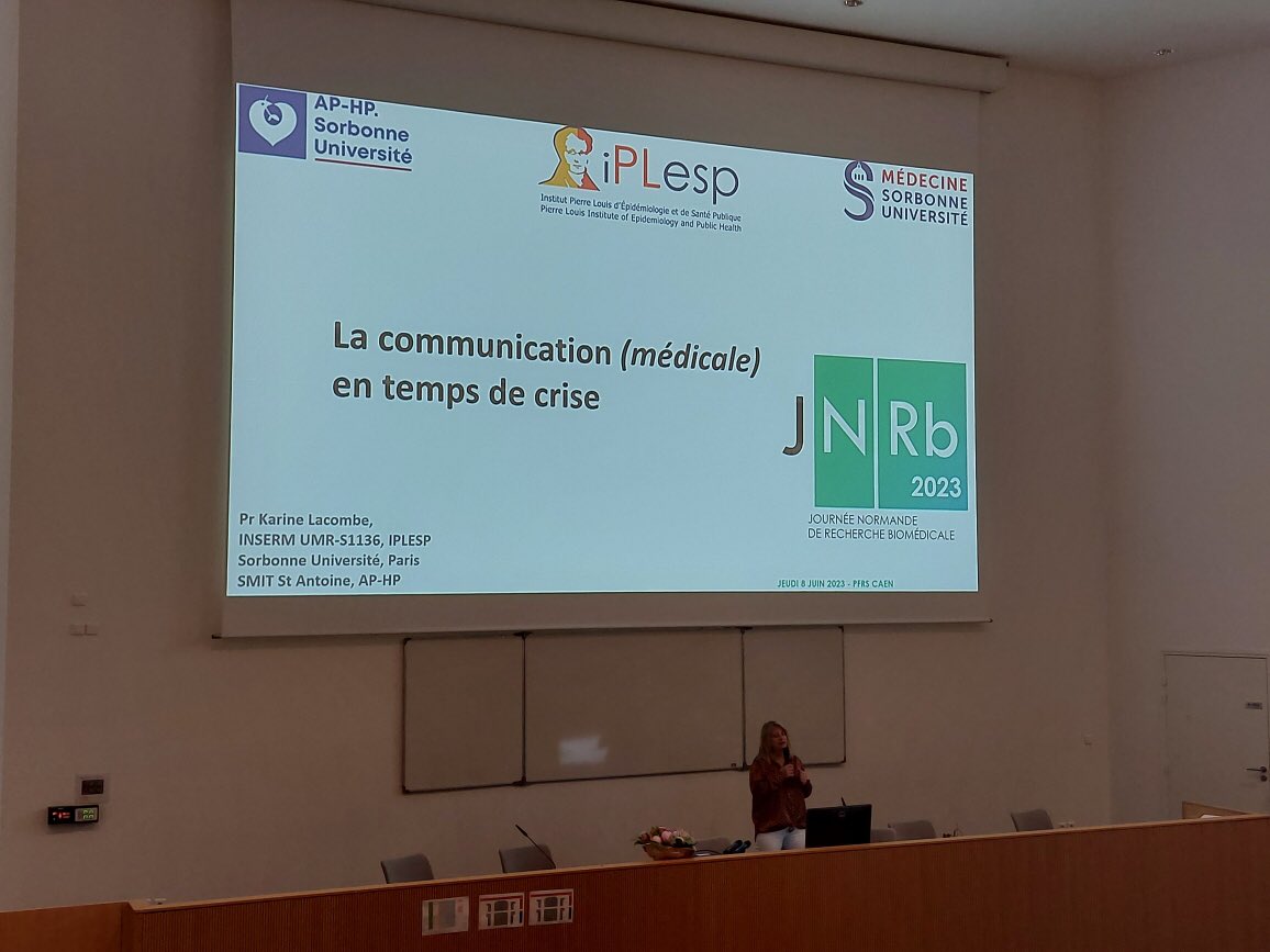 M_Chapelle's tweet photo. Très bonne conférence de clôture de la #JNRB2023 par @LacombeKarine1 sur la communication en temps de crise. @CHU_Caen @JjParienti @fredericvarnier https://t.co/t1ASsP28vW