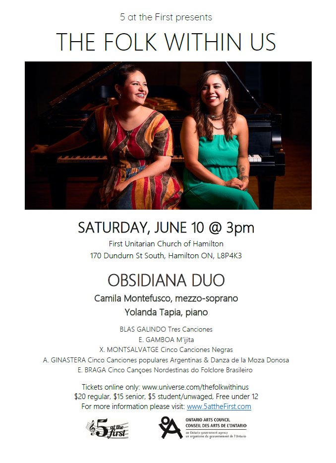 5attheFirst's tweet image. Sat 3pm @5attheFirst ! #voice &amp;amp; #piano with #CamilaMontefusco &amp;amp; #YolandaTapia - music of #iberoamerica #thefolkwithinus Thanks @ONArtsCouncil Tix here: 5atthefirst.com