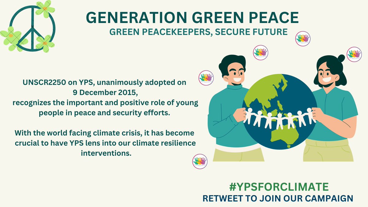 Youth is at the forefront of our efforts to build #peace whether during violent conflicts or #climate crisis.
@FNFPakistan @FNFreiheit @unoy_peace @theGCF @UNEP @UNFPA @UNYouthEnvoy @UNFCCC @IYCM @USIP @AsiaNETW @GC_Youth4Peace @gnwp_gnwp @faithplanet @YAGClimate 

#YPSFORCLIMATE