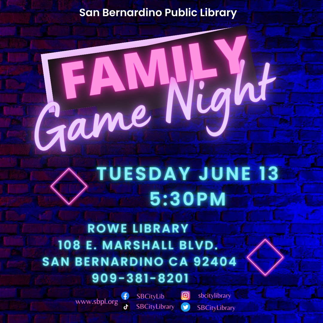 Family Game Night at Rowe is coming up! Stop by to hang out and play some games with us on Tuesday June 13 at 5:30pm. #SanBernardinoPublicLibrary #SanBernardino #SBPL #InlandEmpire #GameNight #Family #Library