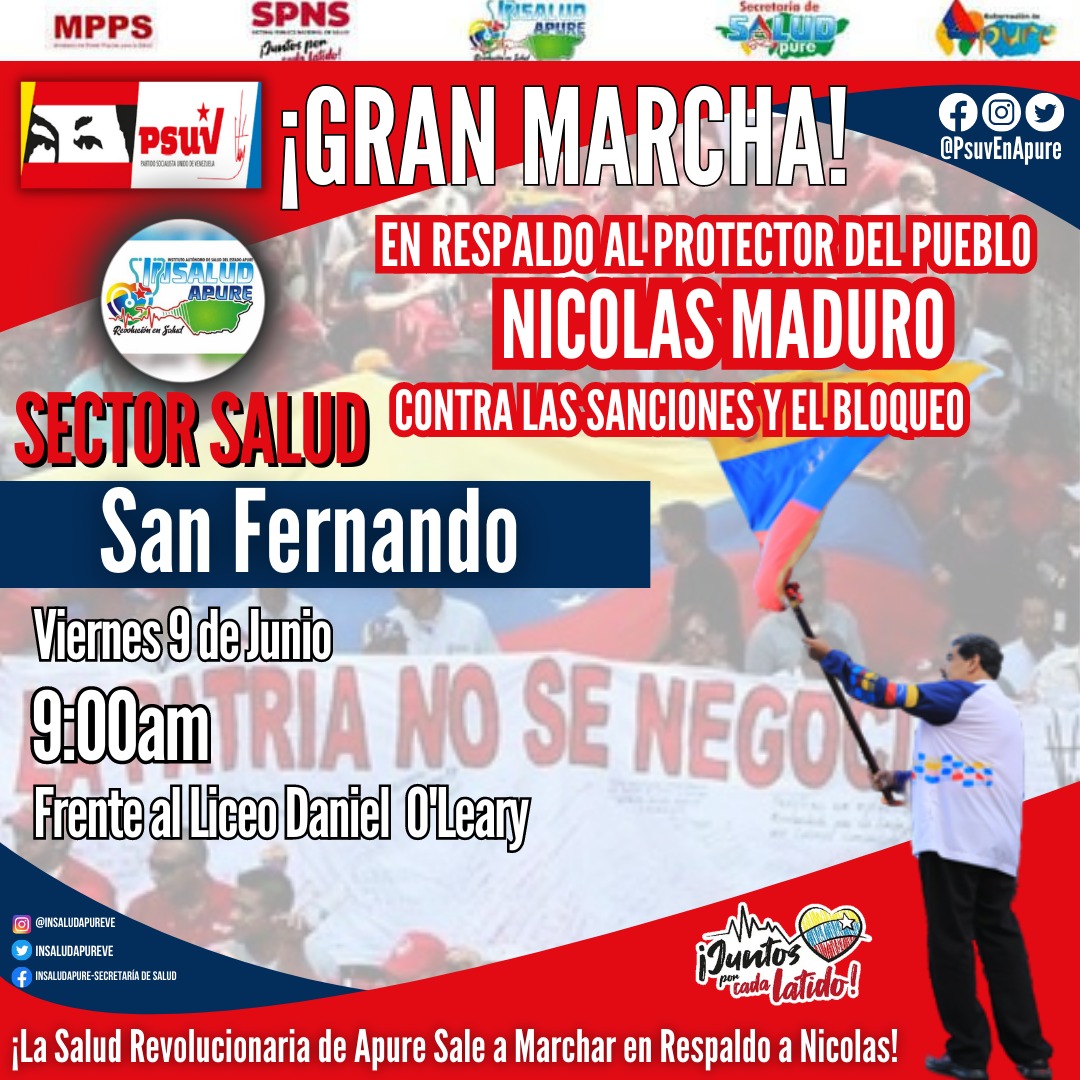 Insalud Apure (@insaludapureve) on Twitter photo Con mucho amor y compromiso por la Patria de Bolívar y Chávez, este Viernes 9 de Junio, el sector Salud en Apure, marcha en respaldo al Presidente obrero Nicolás Maduro, y en rechazo de las sanciones y bloqueo al pueblo Venezolano.
<a href="/eduardopiate2/">eduardo piñate</a>
<a href="/NicolasMaduro/">Nicolás Maduro</a> Con mucho amor y compromiso por la Patria de Bolívar y Chávez, este Viernes 9 de Junio, el sector Salud en Apure, marcha en respaldo al Presidente obrero Nicolás Maduro, y en rechazo de las sanciones y bloqueo al pueblo Venezolano.
<a href="/eduardopiate2/">eduardo piñate</a>
<a href="/NicolasMaduro/">Nicolás Maduro</a>